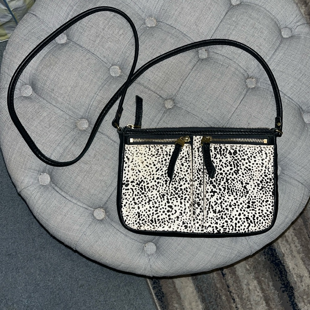 Fossil Elise Black Double Zip Leather Crossbody Bag with Snow Leopard Calf Hair